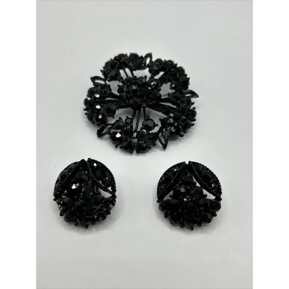 Vintage‎ Black Stone Open Back Round Brooch Pin And Clip On Earring Set